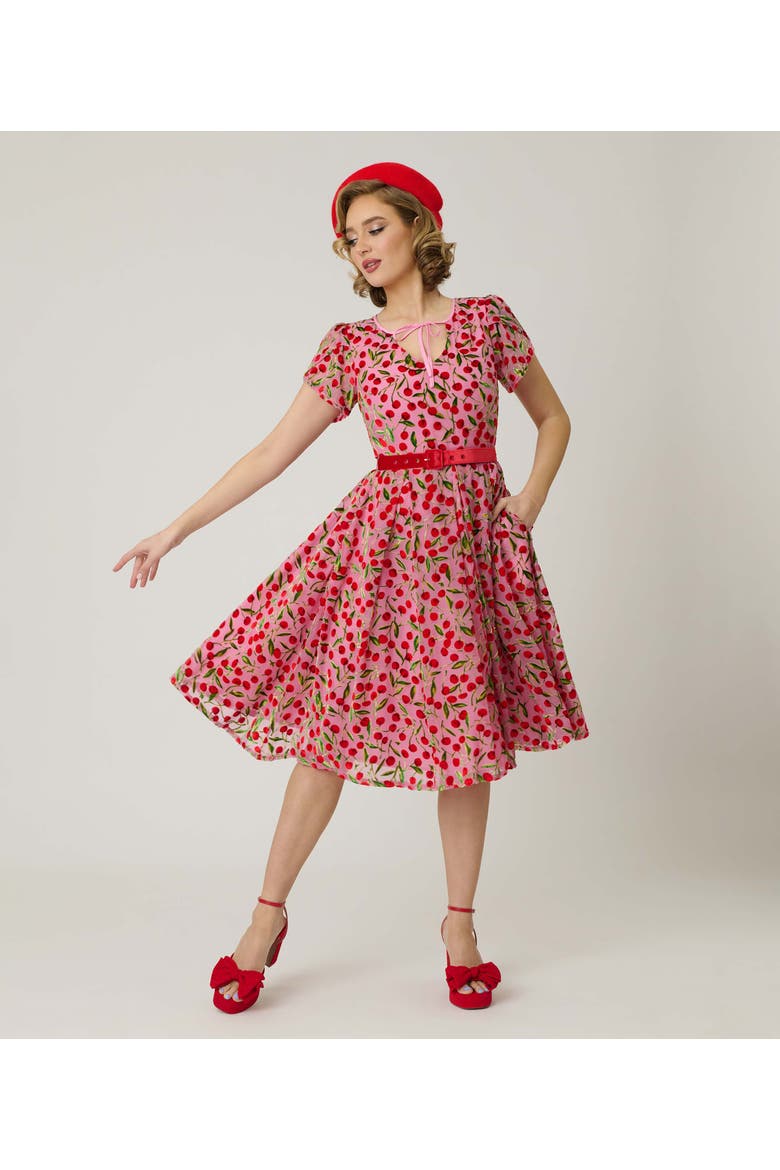 Short Petal Sleeve Tie Neck Dahlia Swing Dress, Alternate, color, Pink W/ Cherries