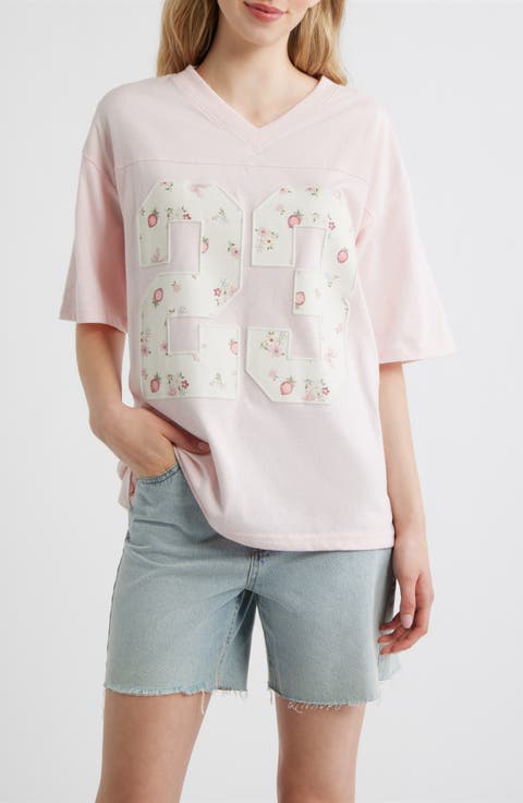 Numeral Floral Appliqué Cotton Blend T-Shirt