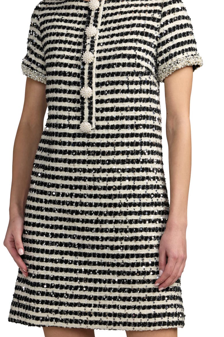 Pearl Embellished Sequin Boucle Mini Dress, Alternate, color, Black White