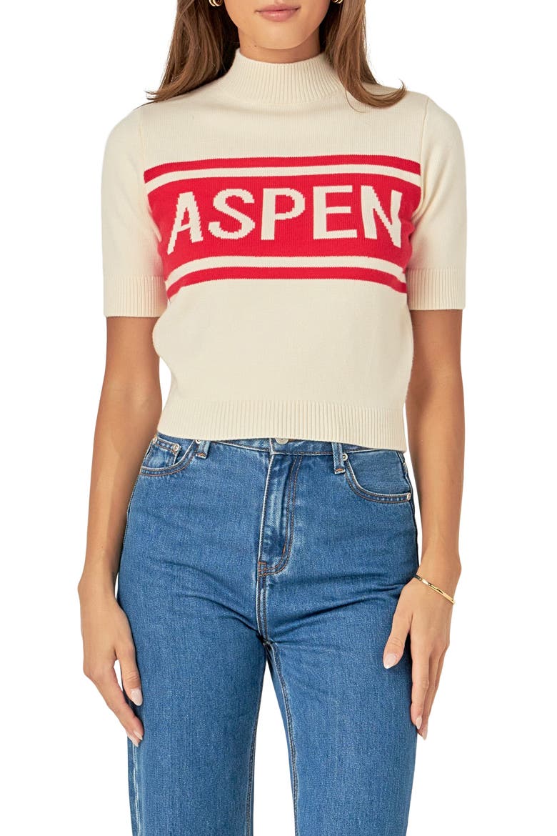 Motif Short Sleeve Sweater, Main, color, CREAM/ RED