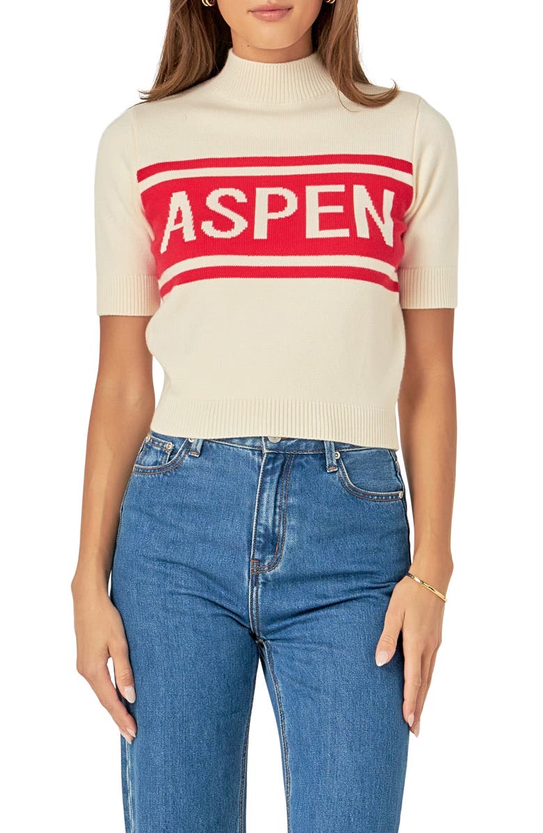 English Factory Motif Short Sleeve Sweater, Main, color, Cream/ Red