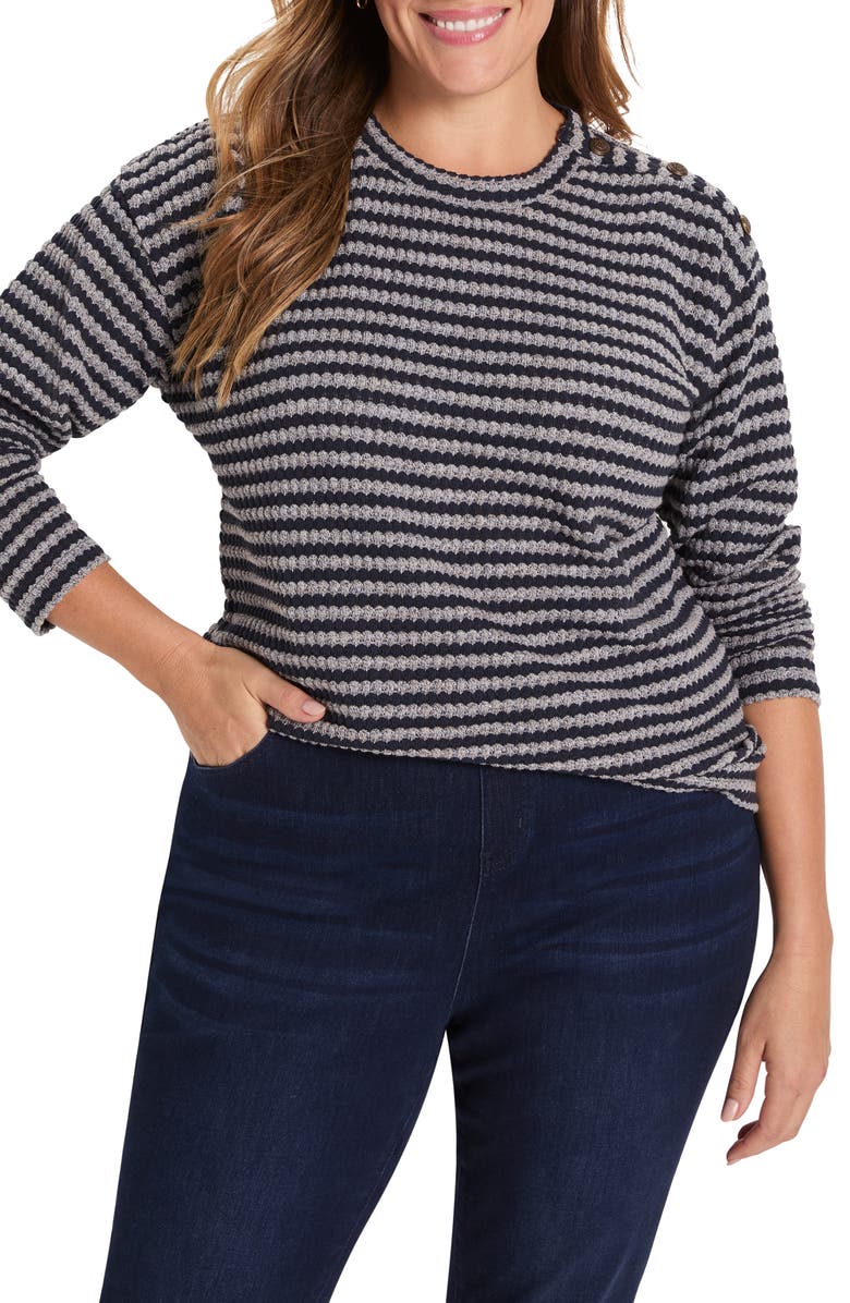 NIC+ZOE Texture Stripe Button Shoulder Top, Main, color, Indigo Multi