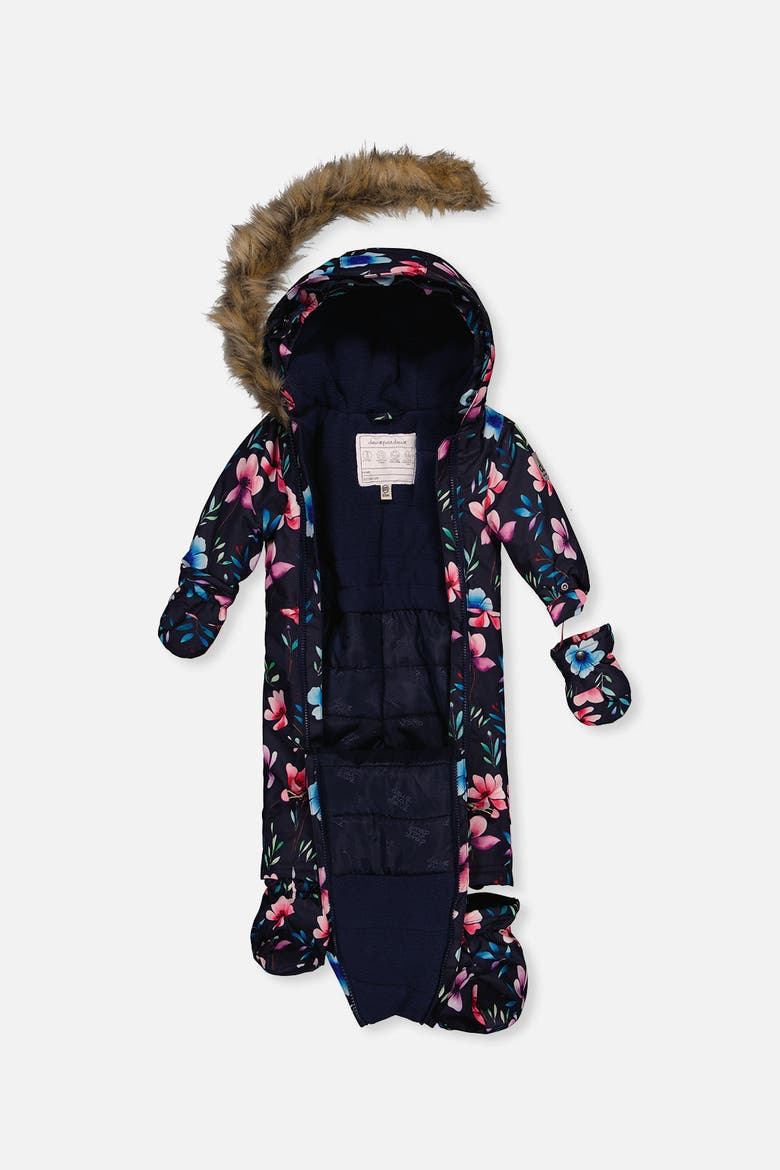 Play Floral Faux Fur Hood Car Seat One Piece Snowsuit, Alternate, color, Blue Floral Print