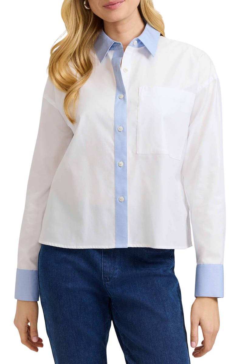 Foxcroft Marina Contrast Trim Cotton Button-Up Shirt, Main, color, White