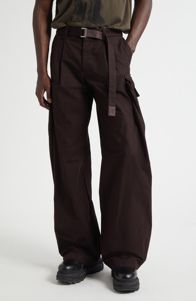 Sacai Belted Cotton & Nylon Ripstop Cargo Pants, Main, color, Brown