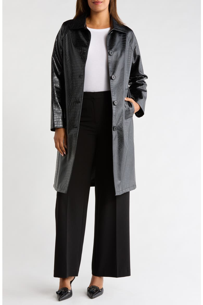 Croc Embossed Faux Leather Trench Coat, Alternate, color, BLACK