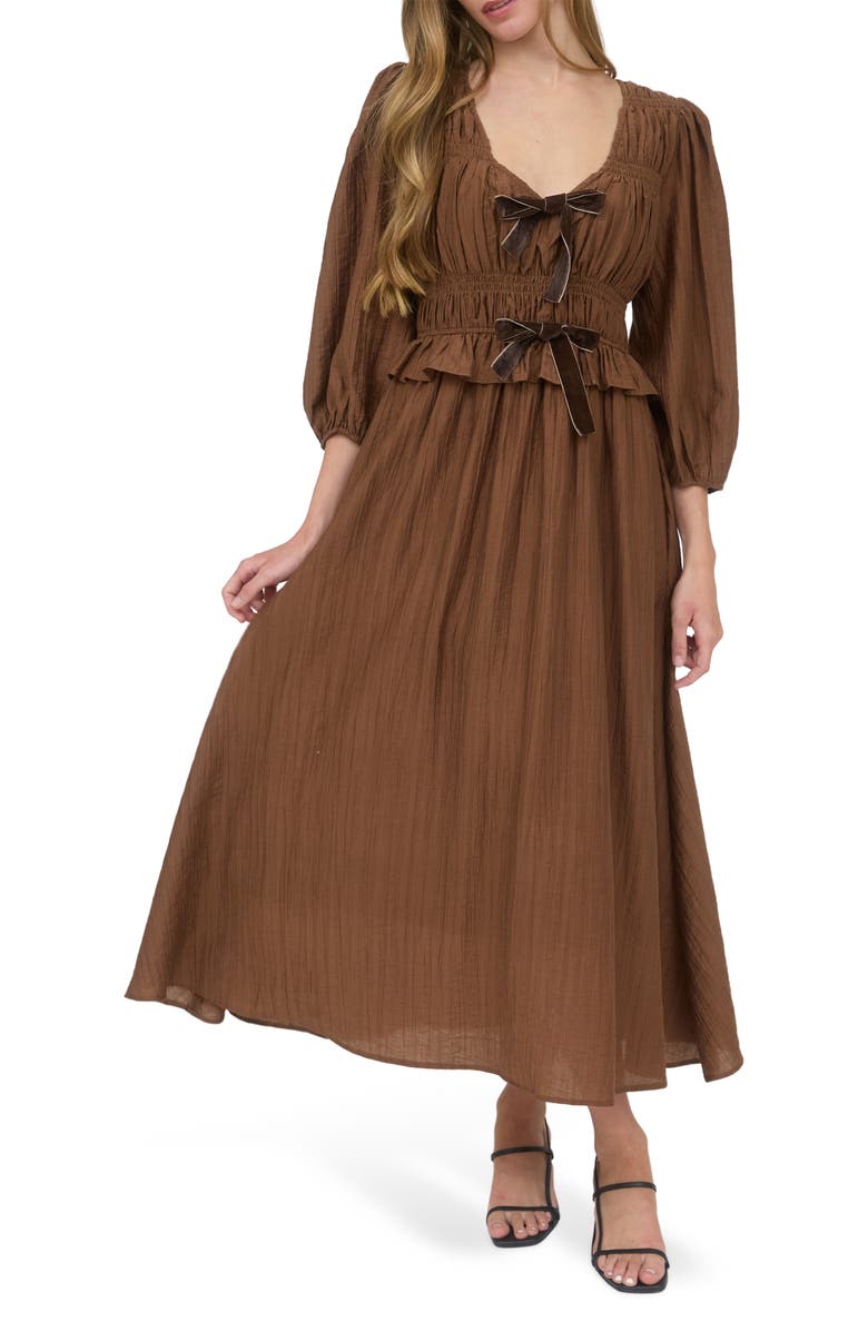 AUGUST SKY Three-Quarter Sleeve Maxi Dress, Main, color, Brown