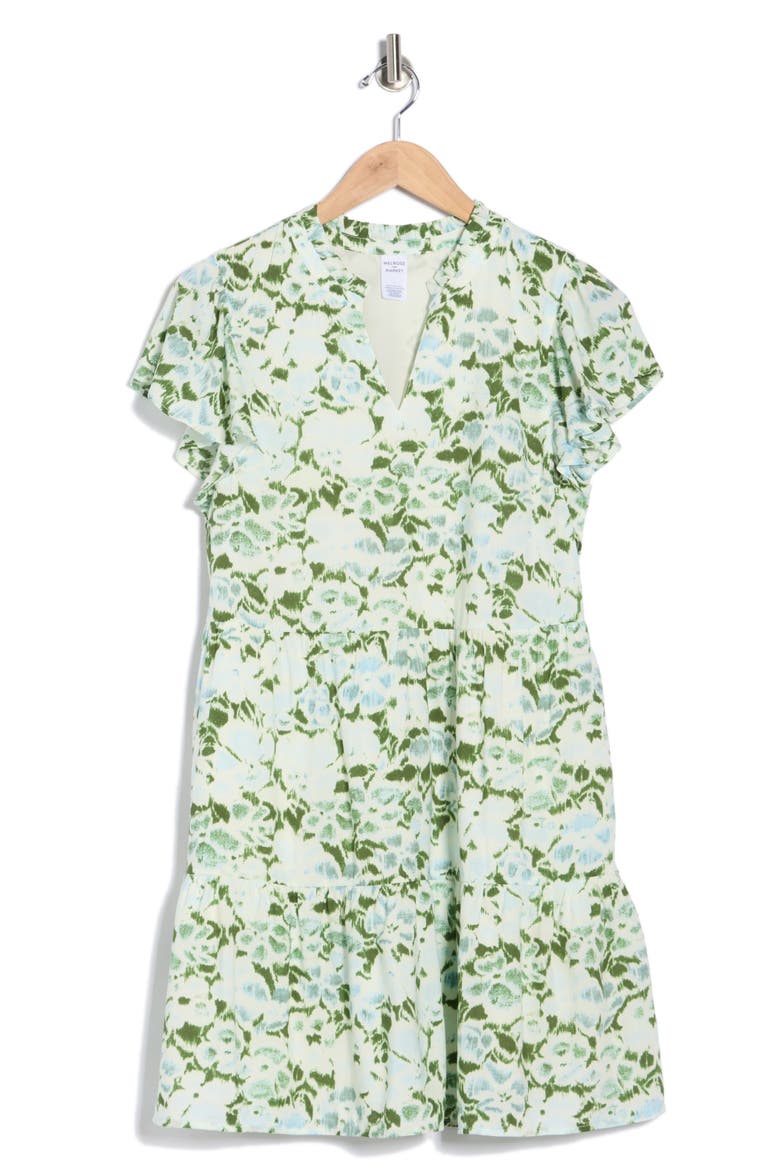 Flutter Sleeve Tiered Minidress, Alternate, color, BLUE- GREEN FLASHBACK FLORAL