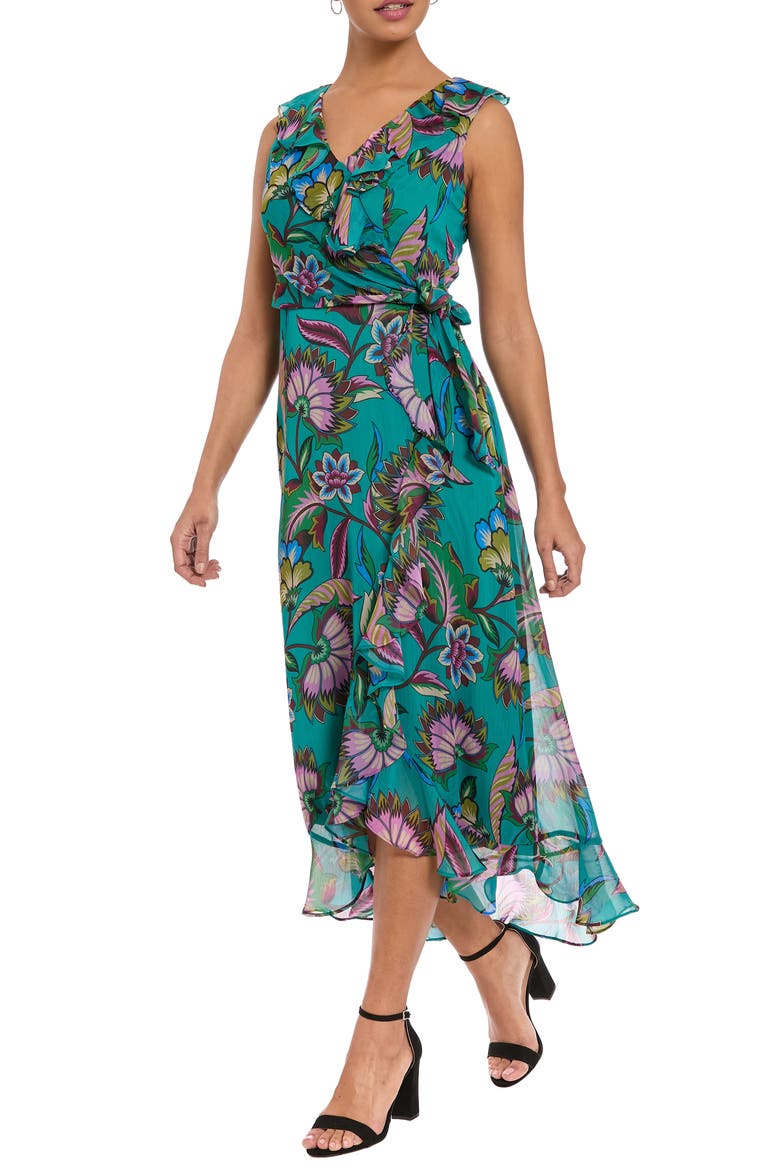 Ruffle Faux Wrap Midi Dress, Alternate, color, TEAL/ BERRY