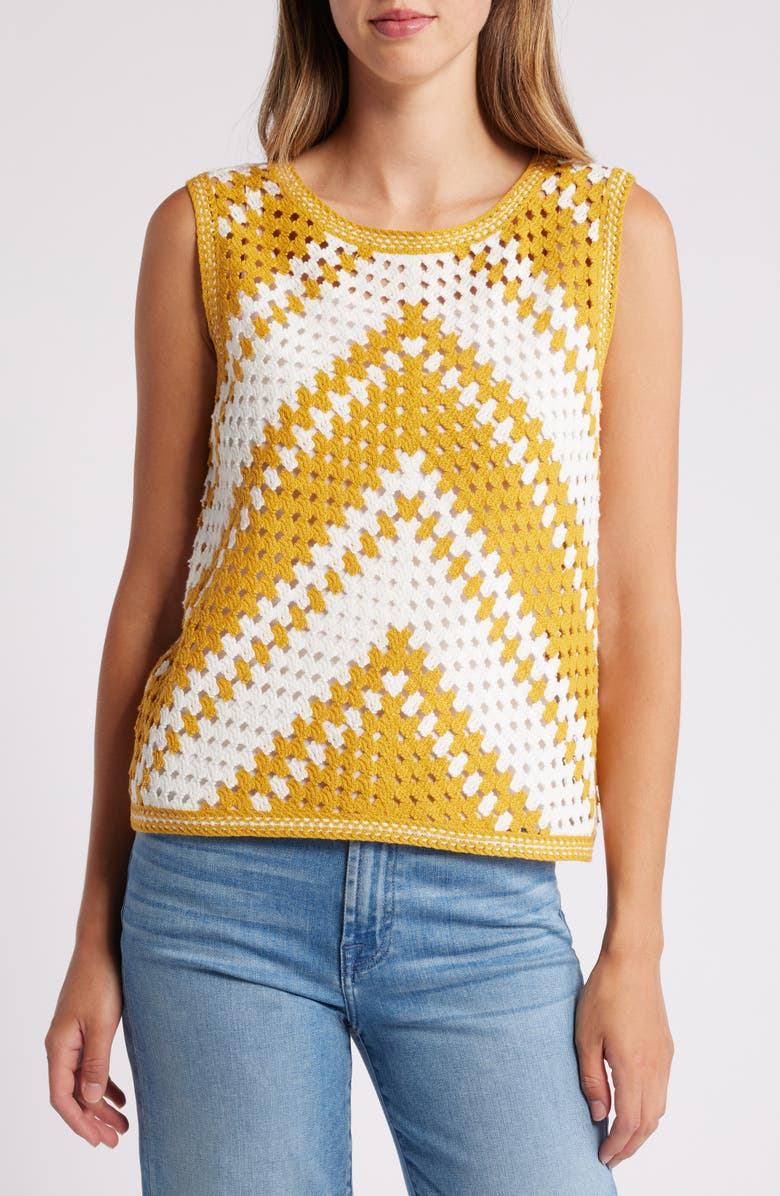 Halogen<sup>®</sup> Crochet Knit Sleeveless Cotton Blend Sweater, Main, color, Golden Spice Brown