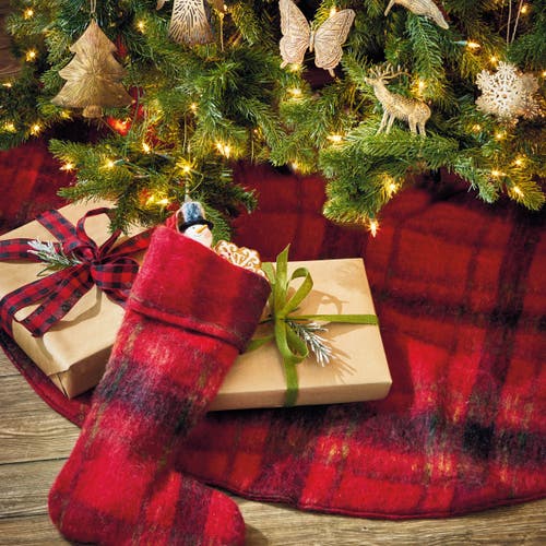 Tag Wooly Plaid Holiday Stocking Red Multi Christmas Decor In Red
