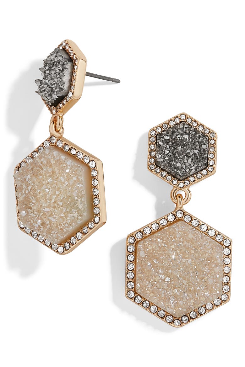 Ashaya Hexagon Drusy Drop Earrings, Main, color, GRAY