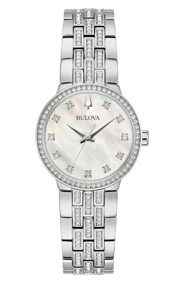 BULOVA Diamond Mother-of-Pearl Bracelet Watch, 28.5mm, Main, color, Silver