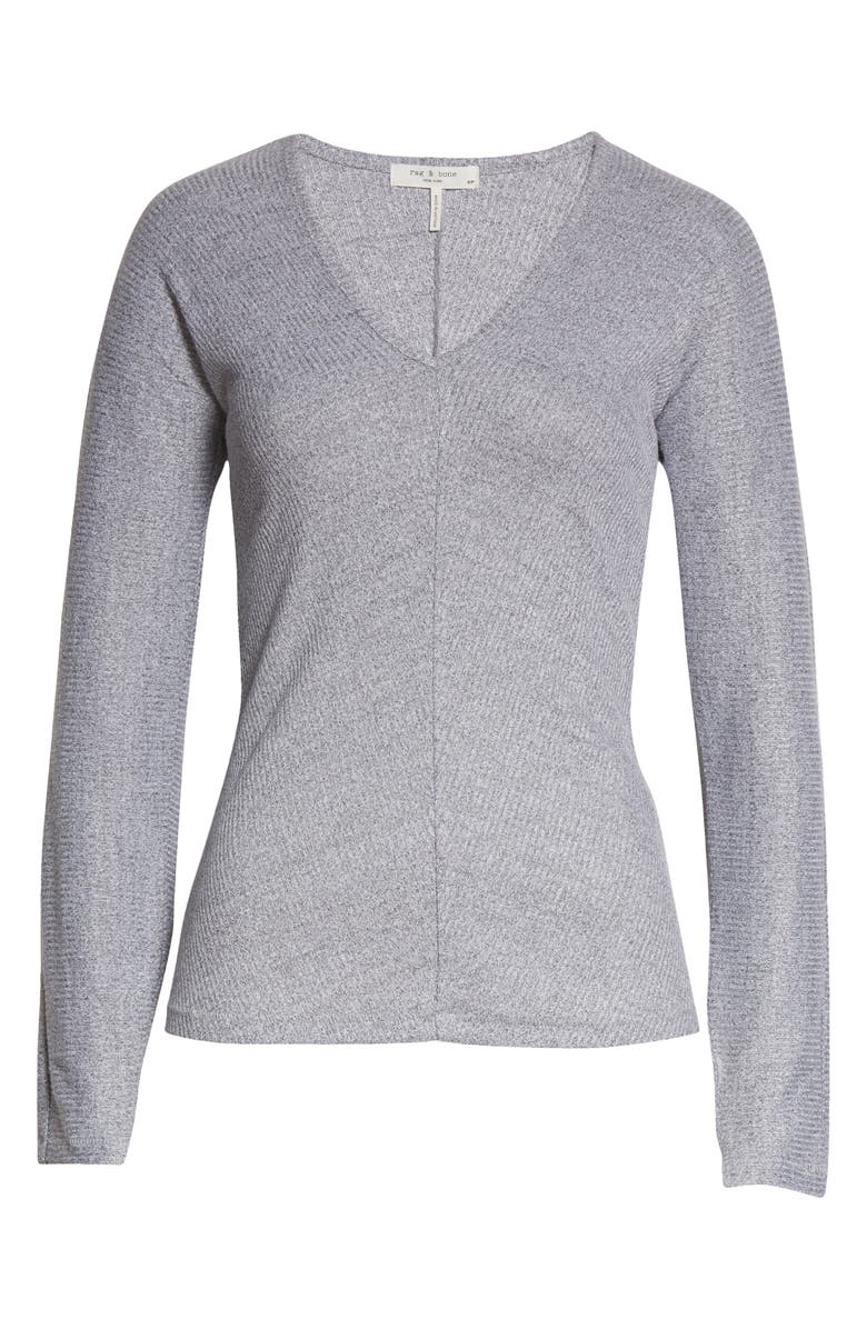 rag & bone The Bias Rib Knit Long Sleeve V-Neck Top, Alternate, color, Ltgrey