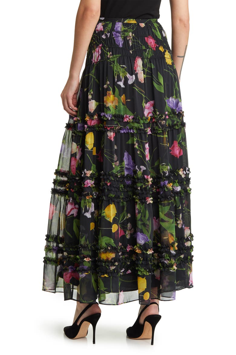 Thieaa Floral Ruffle Tiered Chiffon Skirt, Alternate, color, BLACK