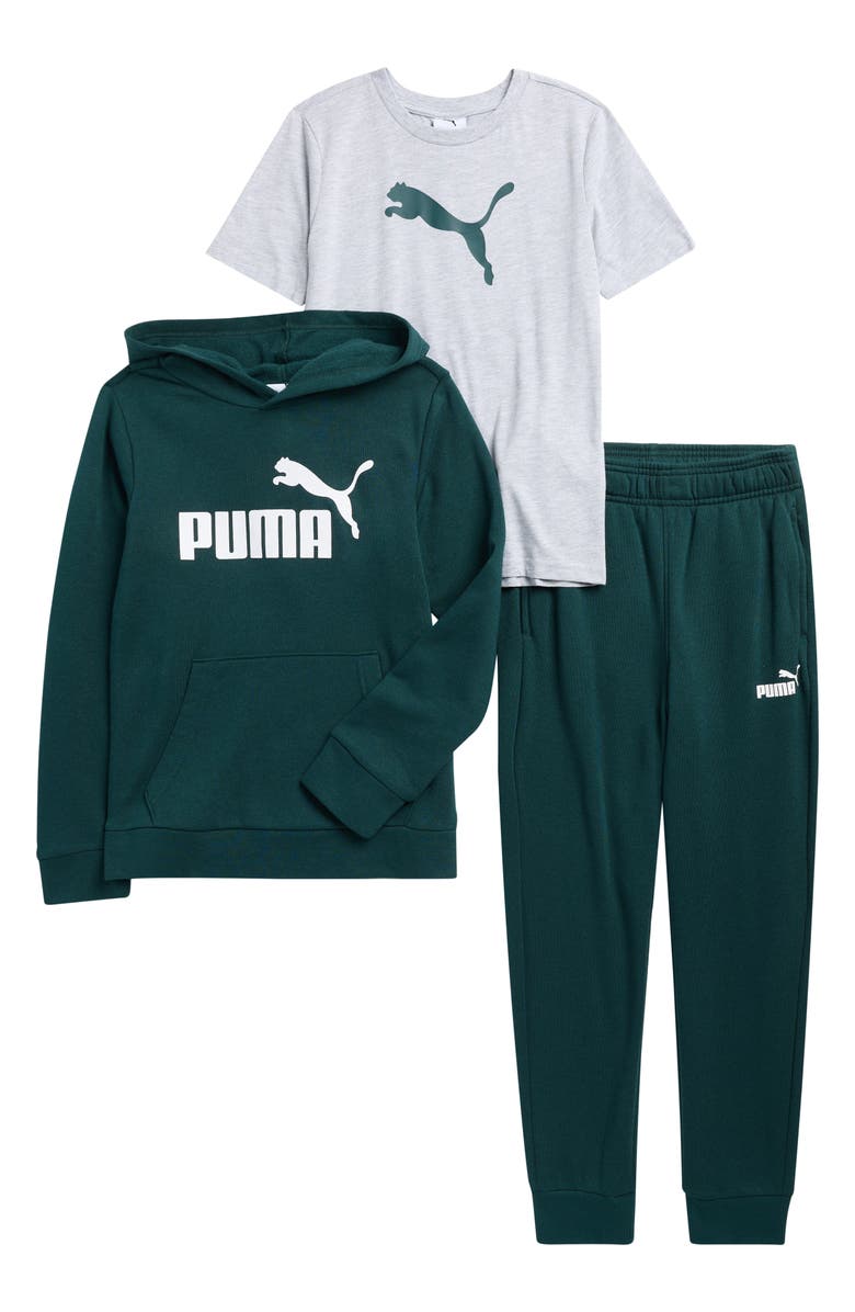 PUMA Kids' Logo Fleece Hoodie, T-Shirt & Joggers Set, Main, color, Midnight Turq