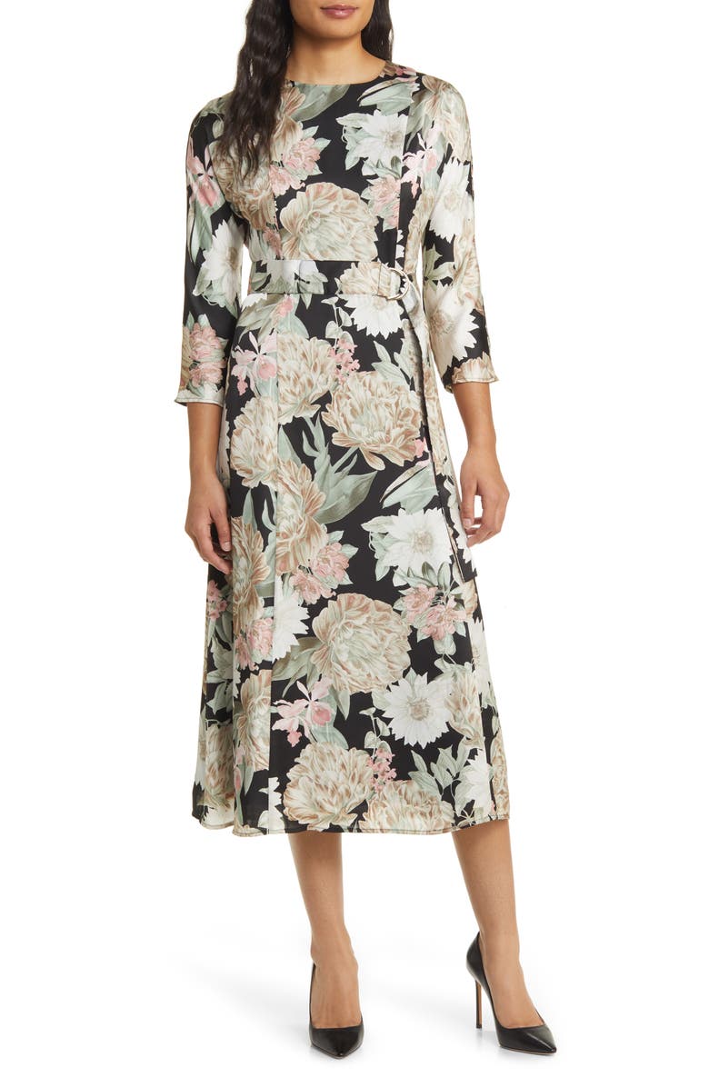 Anne Klein Floral Long Sleeve Belted Midi Dress, Main, color, 