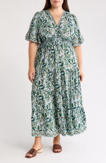 Max Studio Short Sleeve V-neck Maxi Dress In Green