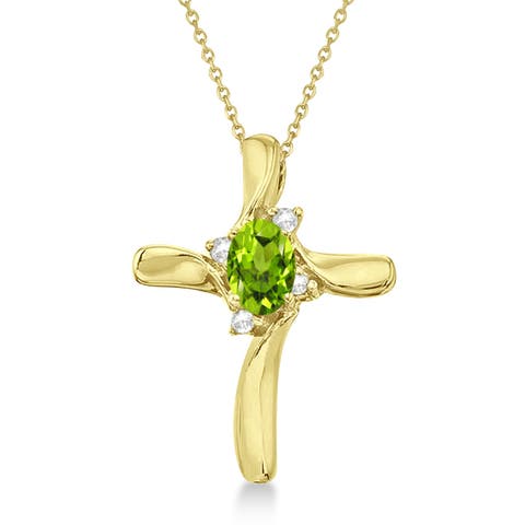 Peridot & Diamond Cross Necklace Pendant 14K 0.50ct
