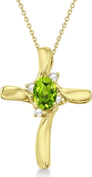 ALLUREZ Peridot & Diamond Cross Necklace Pendant 14K 0.50ct