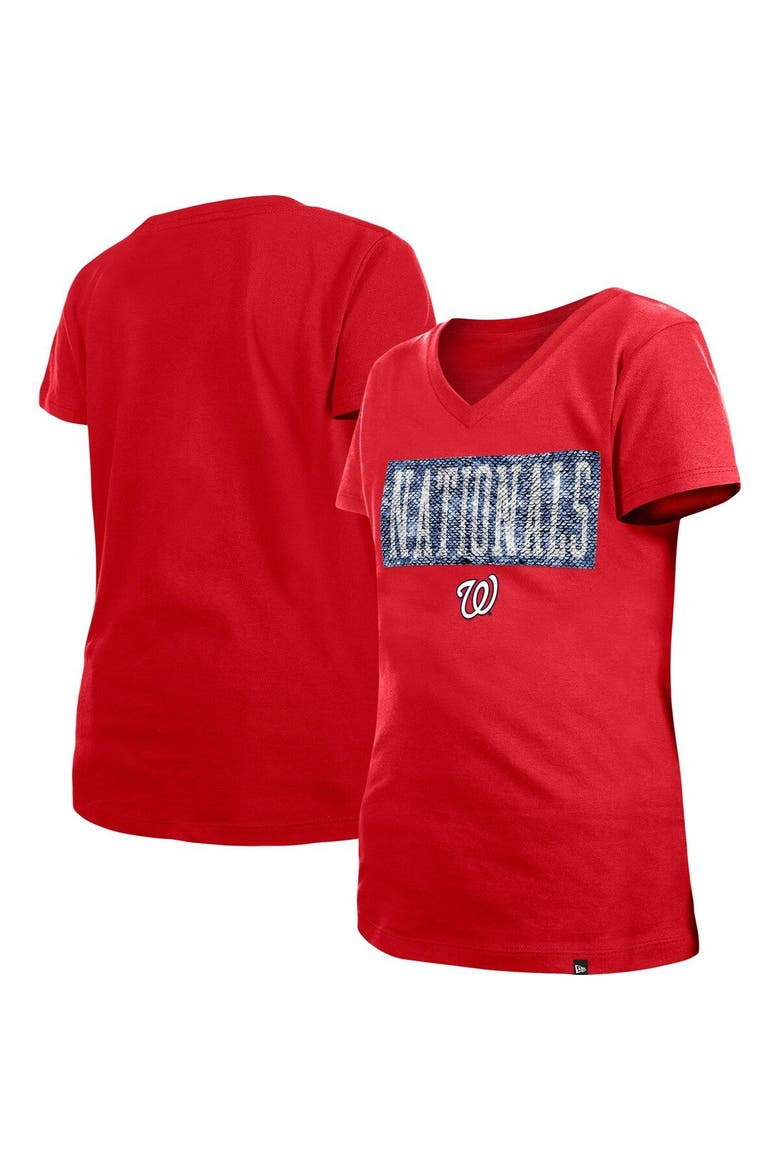 Girls Youth New Era Red Washington Nationals Flip Sequin Team V-Neck T-Shirt, Main, color, Red