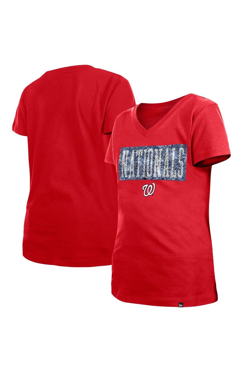 New Era Girls Youth New Era Red Washington Nationals Flip Sequin Team V-Neck T-Shirt, Main, color, Red