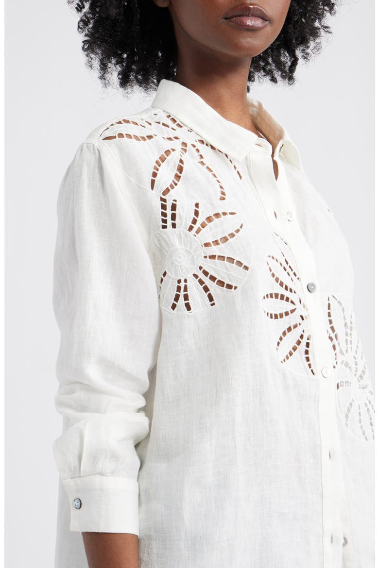 Samar Floral Embroidery Detail Linen Blend Button-Up Shirt, Alternate, color, WHITE