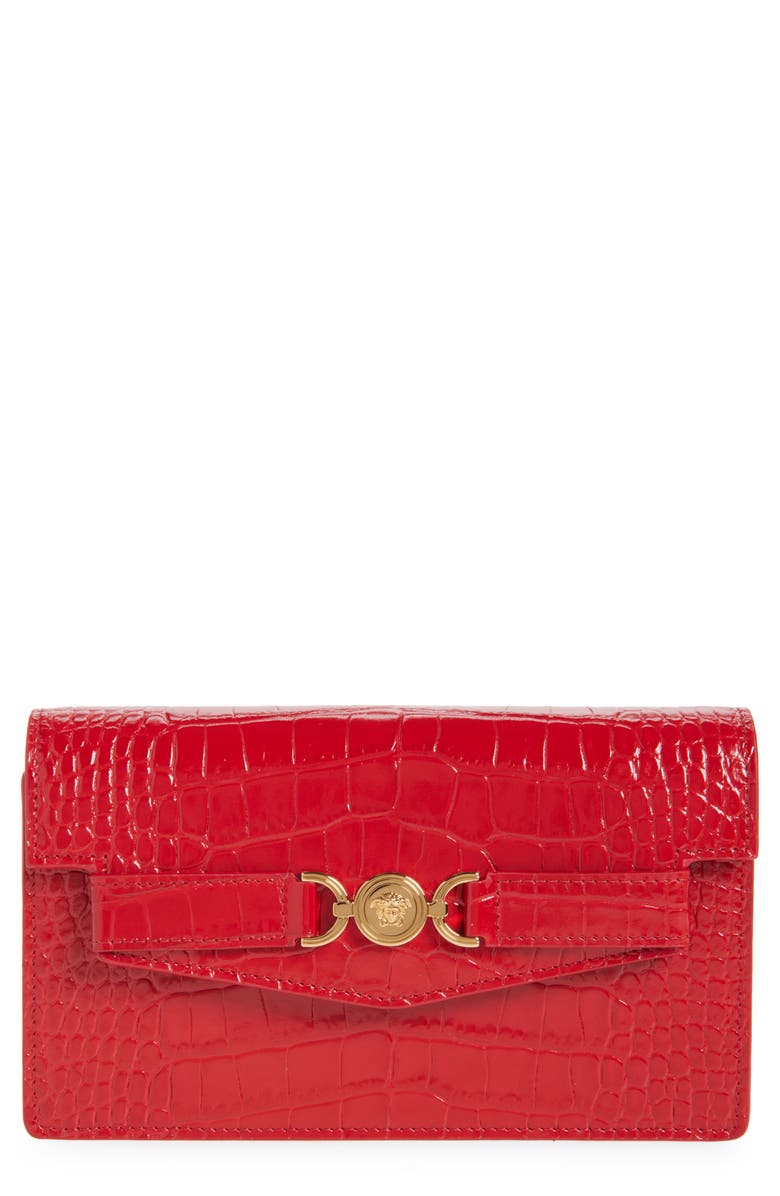 Versace Medusa Croc Embossed Leather Wallet on a Chain, Main, color, Red Versace Gold