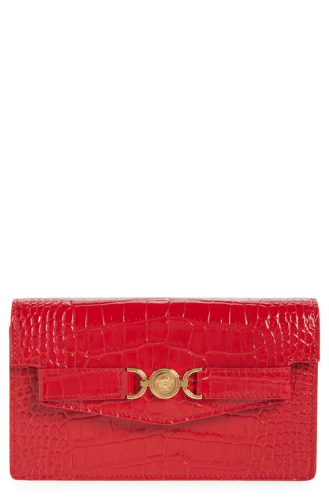Medusa Croc Embossed Leather Wallet on a Chain
