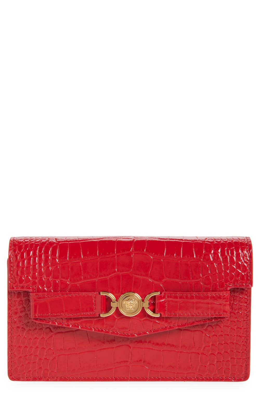 Medusa Croc Embossed Leather Wallet on a Chain, color, RED VERSACE GOLD