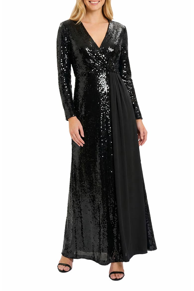Sequin Long Sleeve Gown, Main, color, BLACK/ BLACK