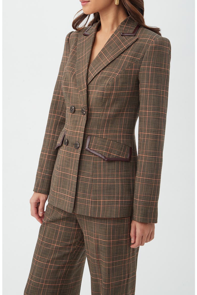 Cassy Plaid Faux Leather Trim Double Breasted Blazer, Alternate, color, BROWN MULTI
