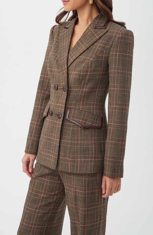 Trina Turk Cassy Plaid Faux Leather Trim Double Breasted Blazer In Multi
