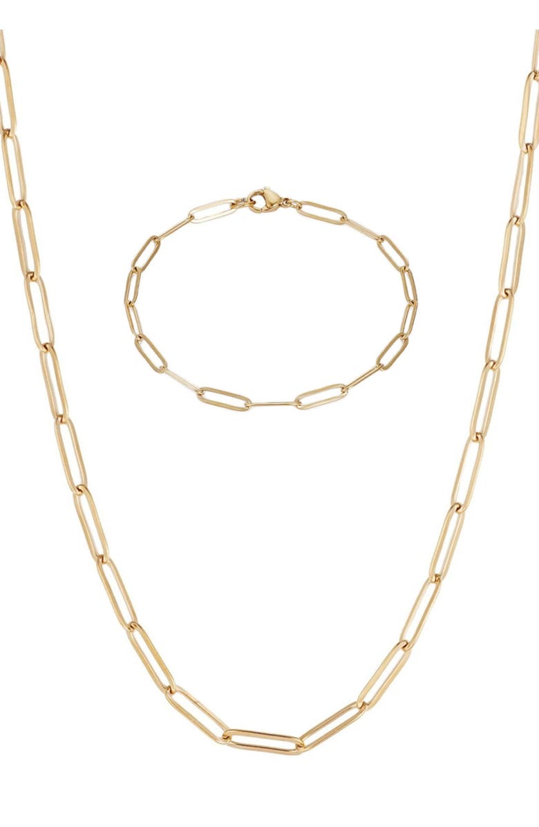 Adornia 18K Gold Plated Paper Clip Necklace & Bracelet Set, Main, color, Gold