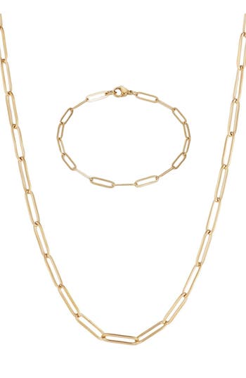 Adornia 18k Gold Plated Paper Clip Necklace & Bracelet Set In Gold