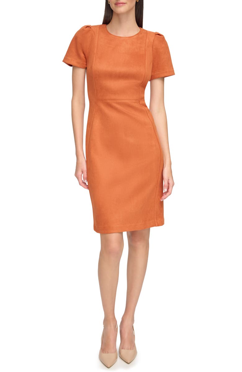 Calvin Klein Faux Suede Short Sleeve Sheath Dress, Main, color, 