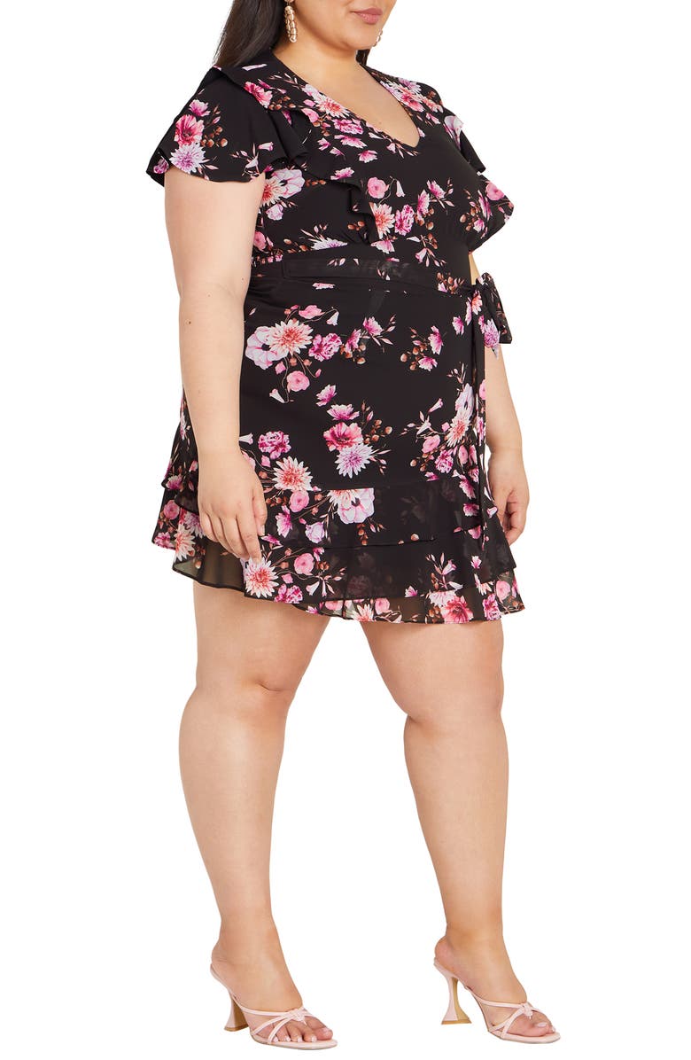 City Chic Serene Floral Tie Waist Minidress, Alternate, color, Black Bloom