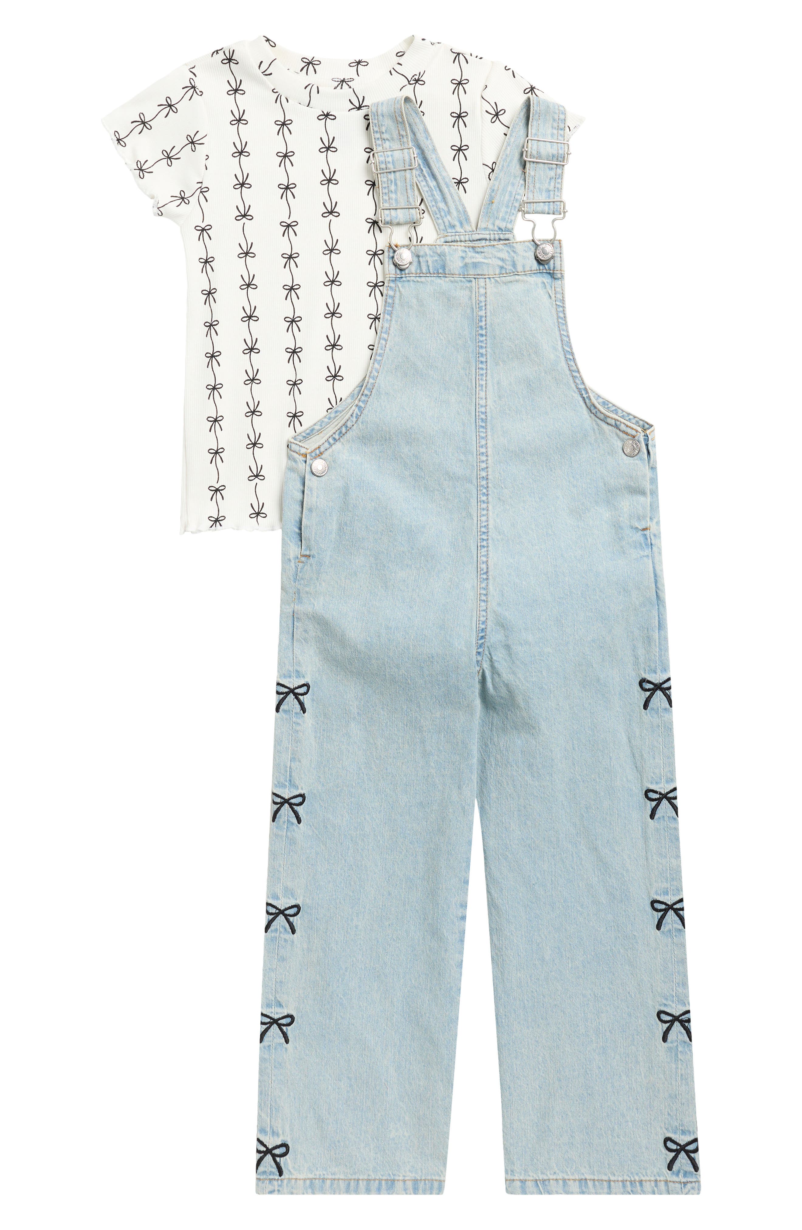 Kids' 2-Piece Wide Leg Embroidered Denim Overall & T-Shirt Set
