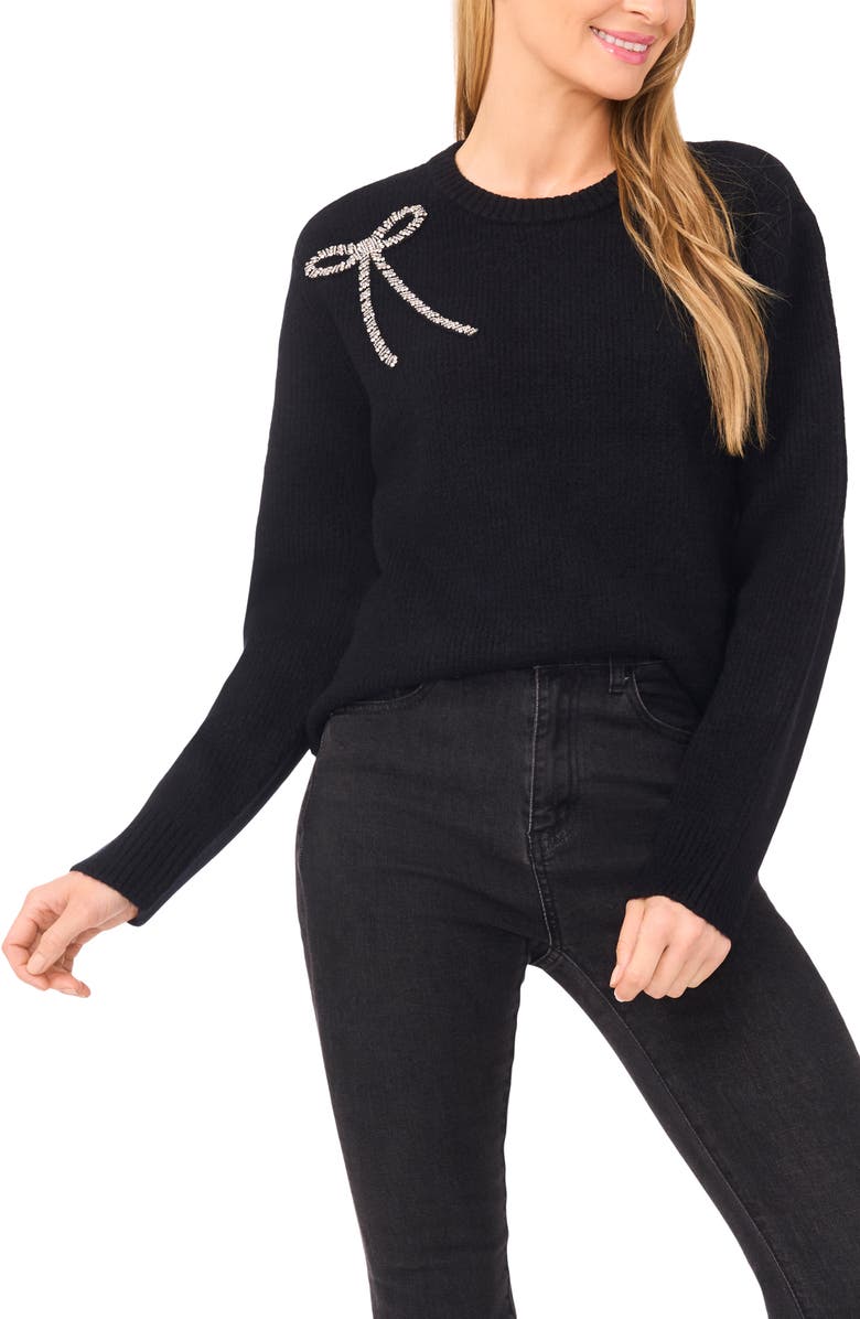 CeCe Embellished Bow Sweater, Main, color, Rich Black