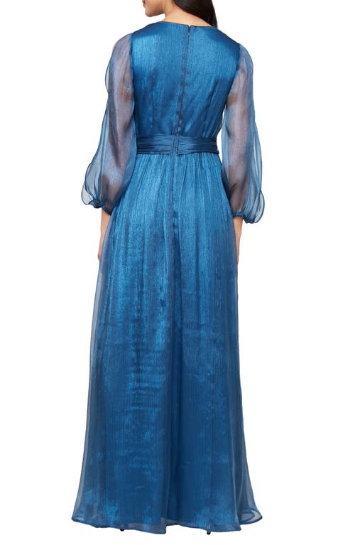 Alex Evenings Metallic Long Sleeve Chiffon Gown In Blue