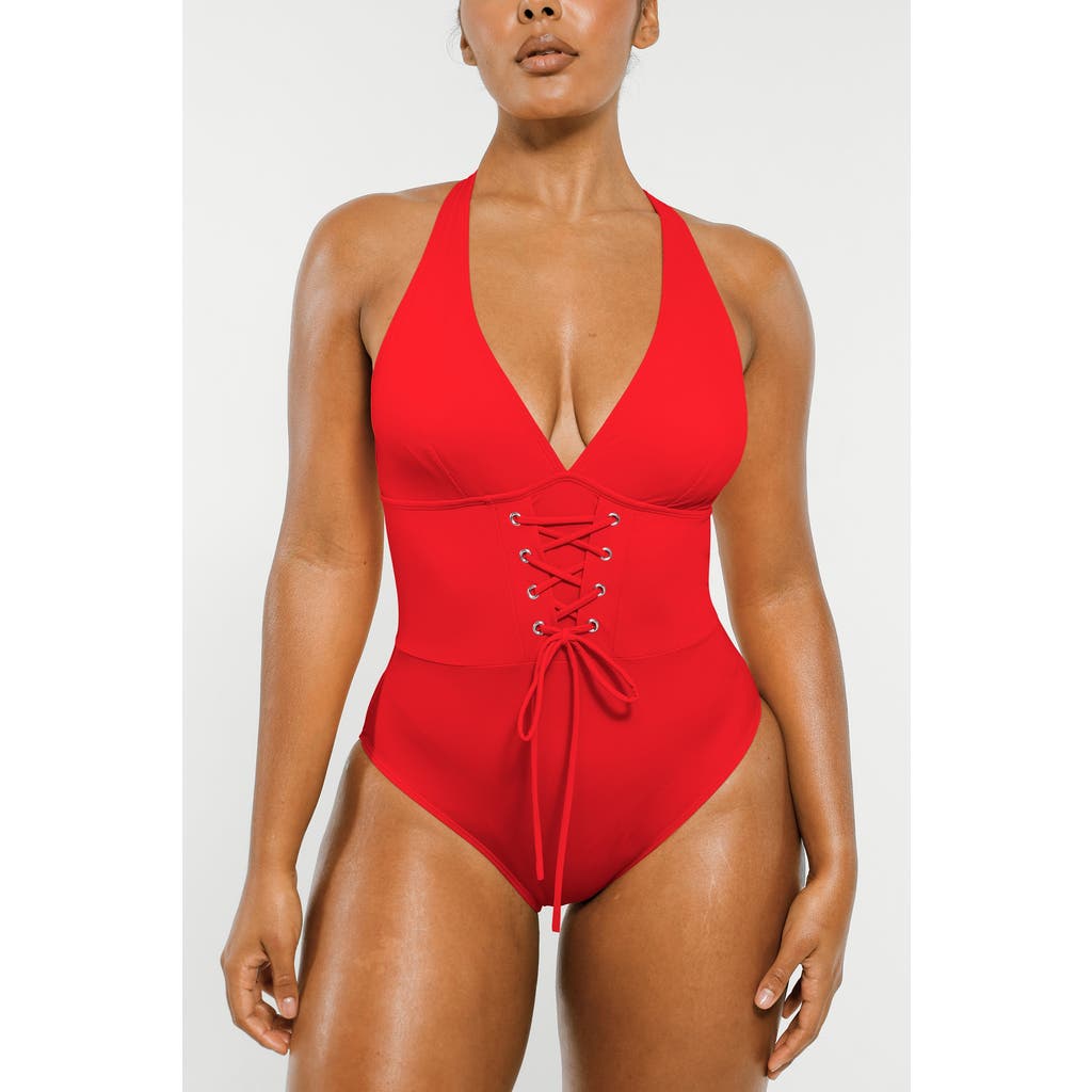 Shapellx Smart Sculpt Plunge Corset Shaping Swimsuit In Cherry Red