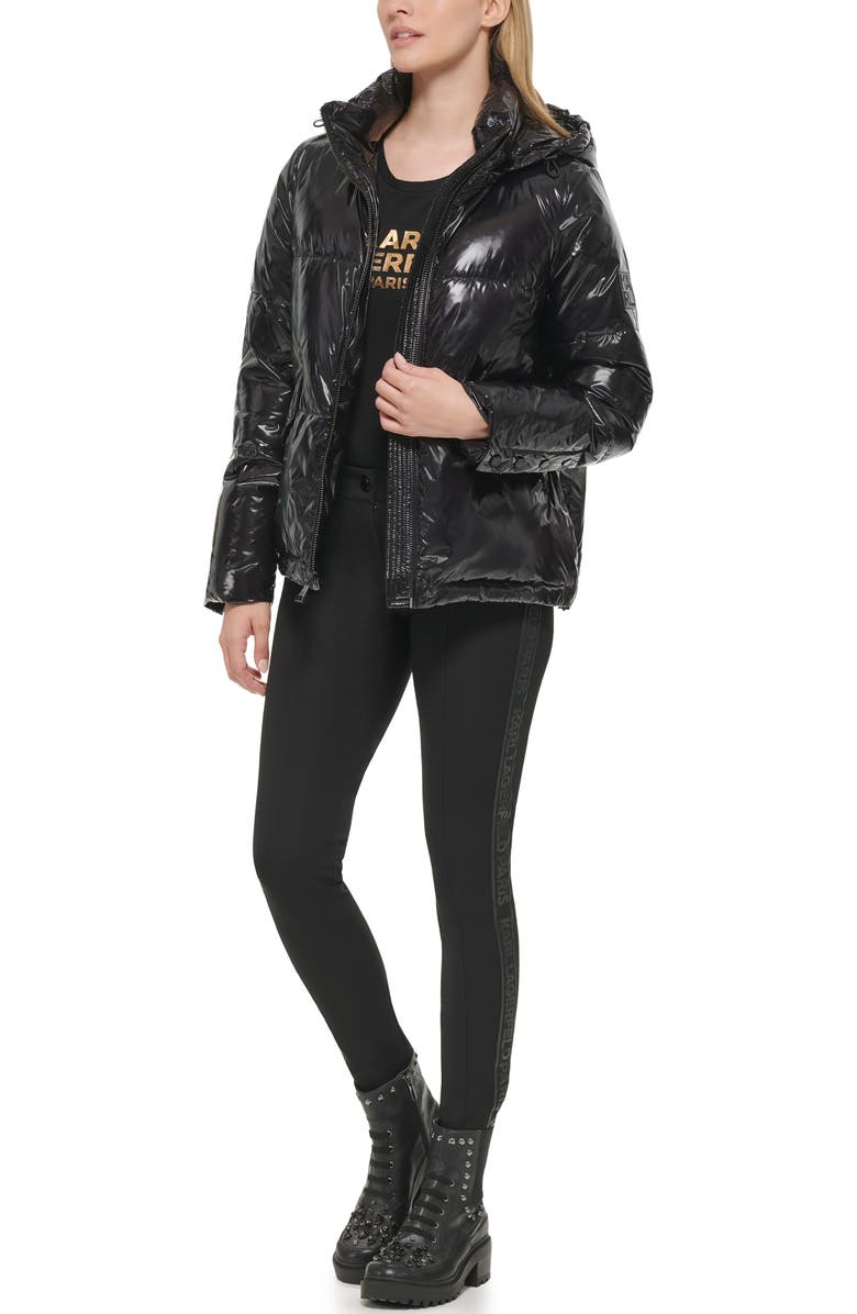 KARL LAGERFELD PARIS Glossy Hooded Puffer Jacket, Alternate, color, 