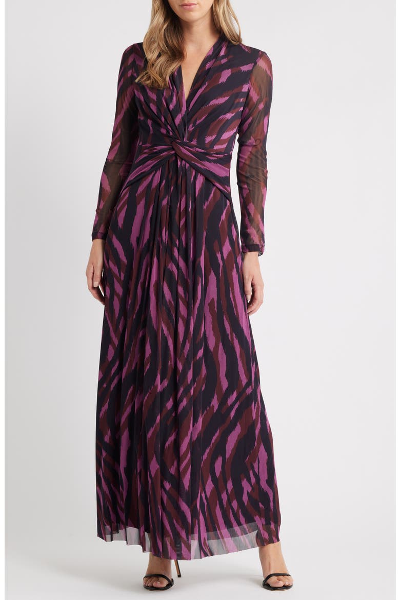 Abstract Print Twist Front Long Sleeve Mesh Maxi Dress, Main, color, ANIMAL STRIPES L230V01