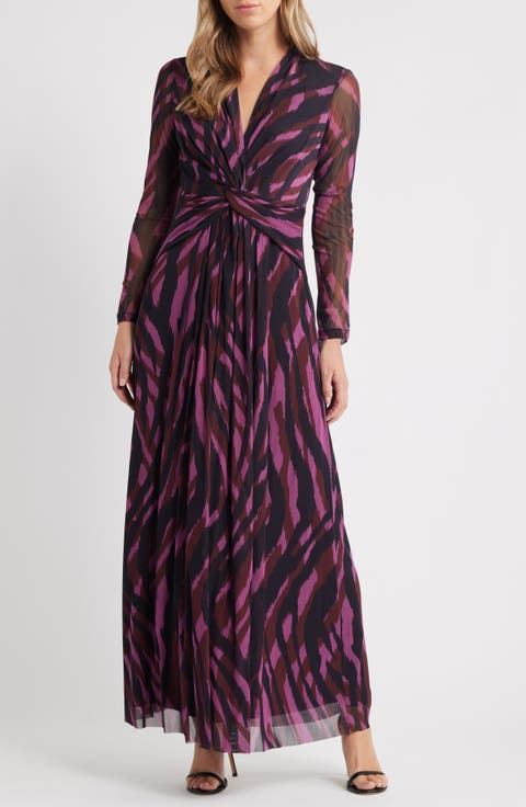 Abstract Print Twist Front Long Sleeve Mesh Maxi Dress