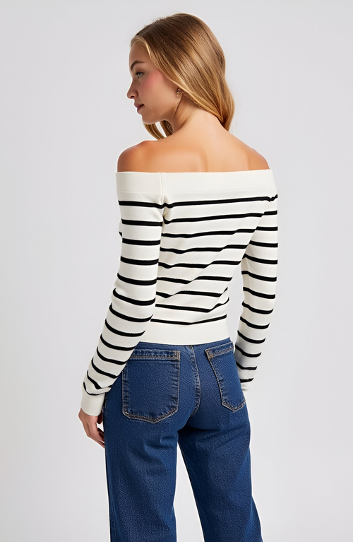 Modenaire Striped Off-the-shoulder Knit Long-sleeve Fitted Top In White