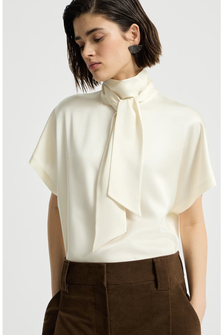 Silk satin high-neck t-shirt with monili, Alternate, color, Fog