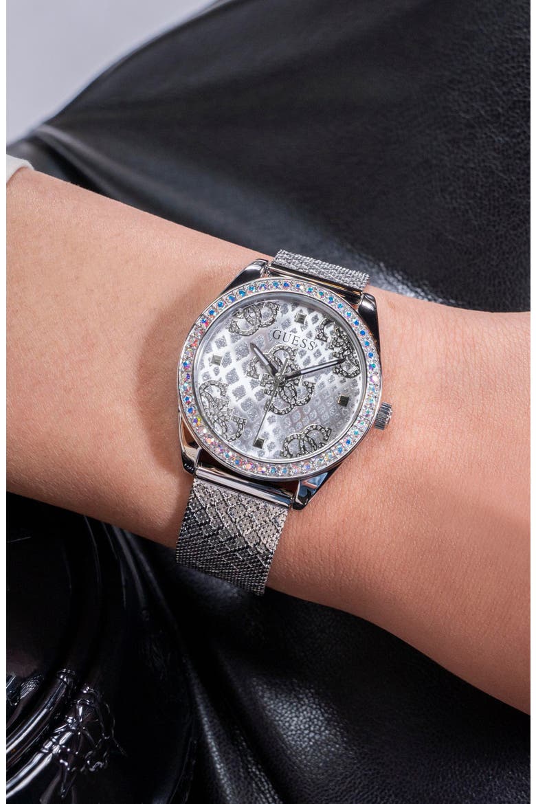 Boa Crystal Bezel Silvertone Mesh Strap Watch, 32mm, Alternate, color, SILVER