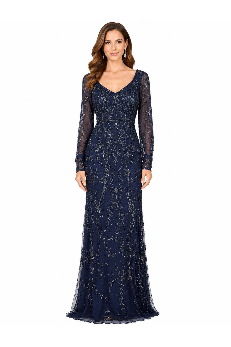 V-Neck Beaded Gown with Sleeves, Main, color, Navy