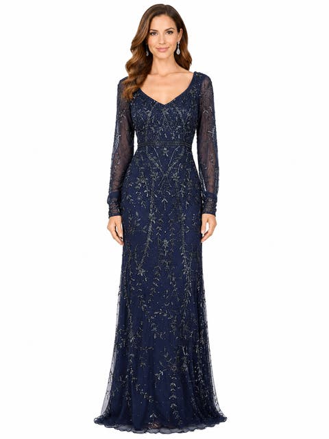 V-Neck Beaded Gown with Sleeves