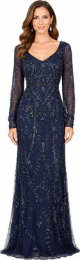 LARA New York V-Neck Beaded Gown with Sleeves